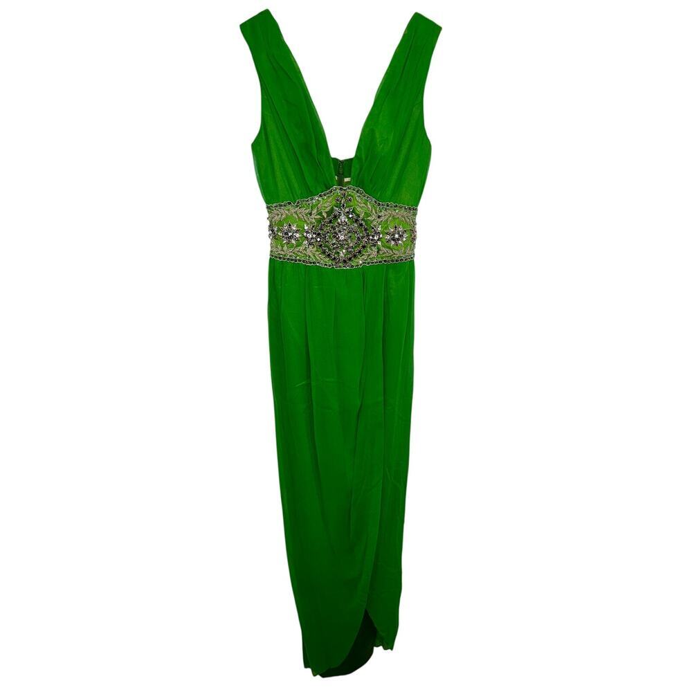 NWT Mandalay Jade Green Silk Beaded Embellished Maxi Evening Gown Dress Size 4